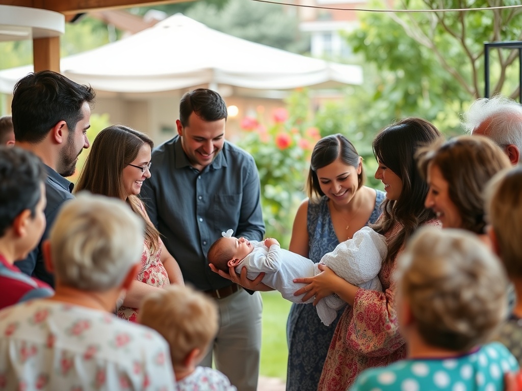 Naming ceremony celebration with celebrant, parents and family gathered outdoors