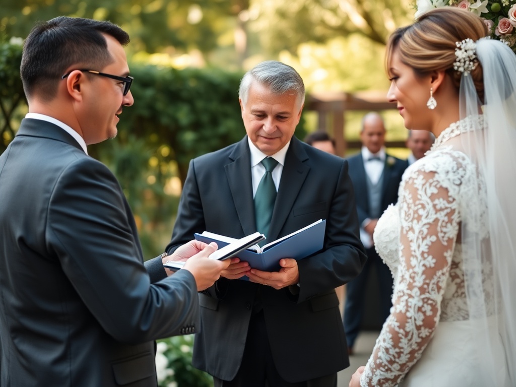 Professional outdoor wedding ceremony with celebrant, bride and groom in garden setting