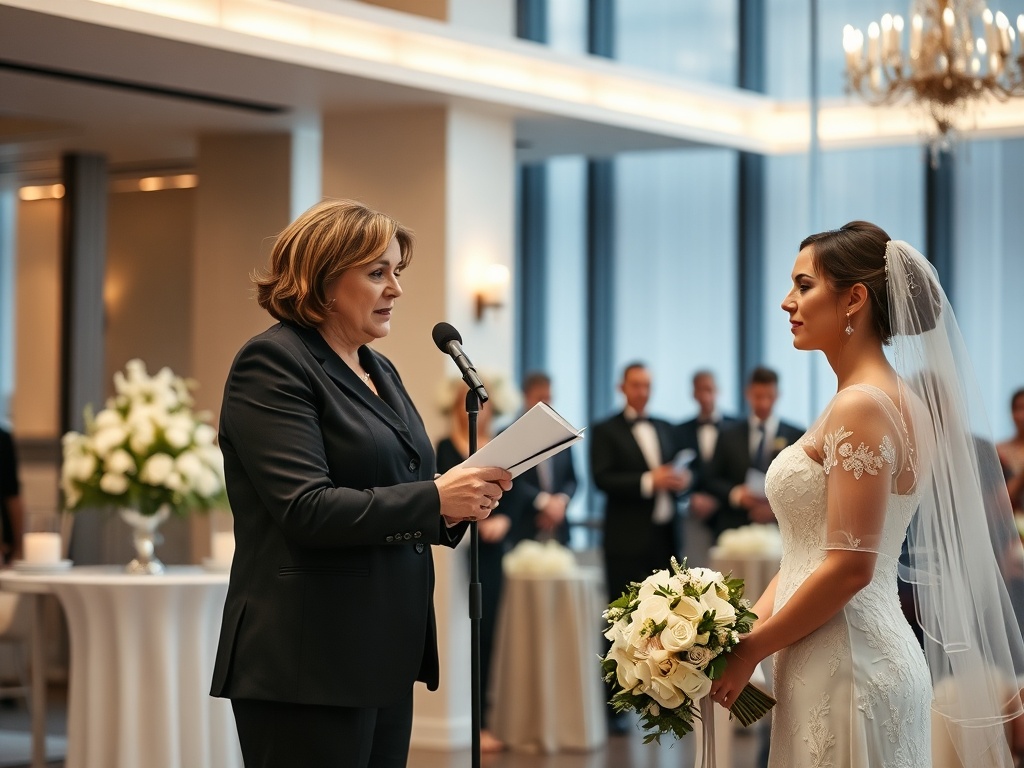 Modern indoor wedding ceremony with celebrant, bride and groom exchanging vows