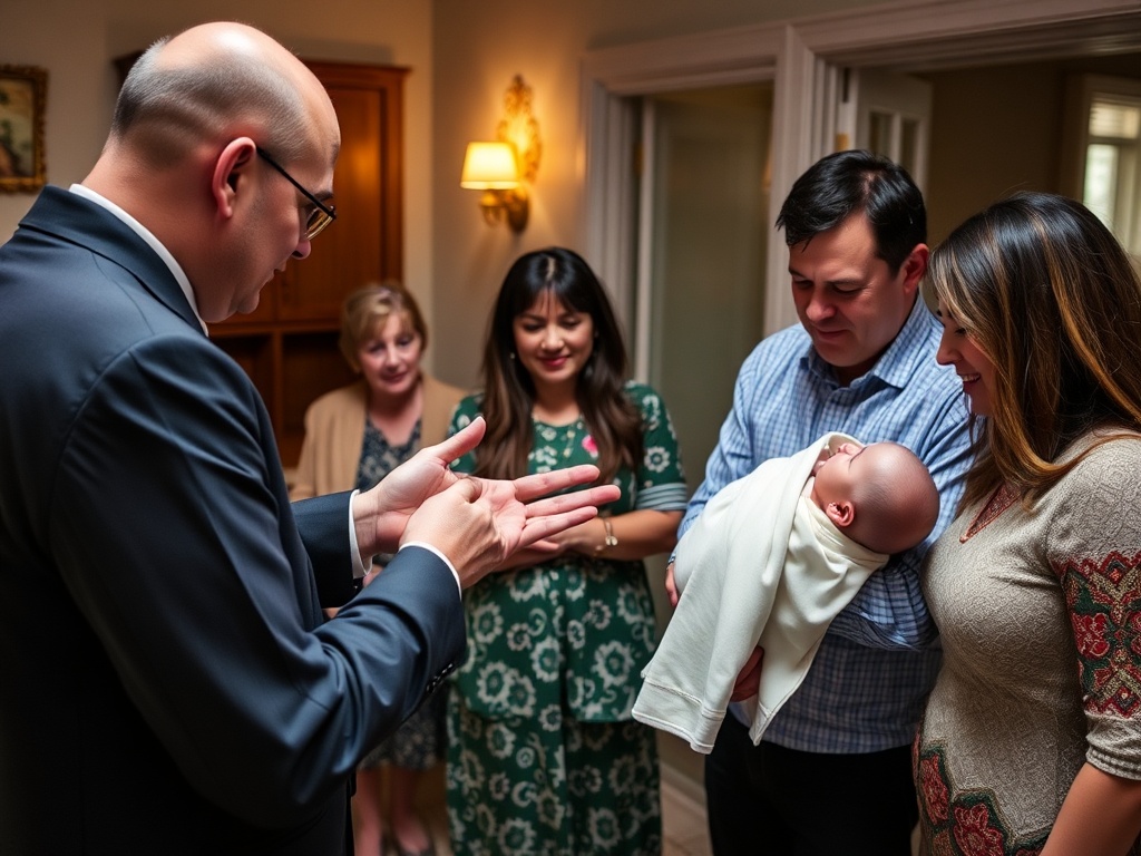 Indoor naming ceremony with celebrant, parents holding baby and family members present