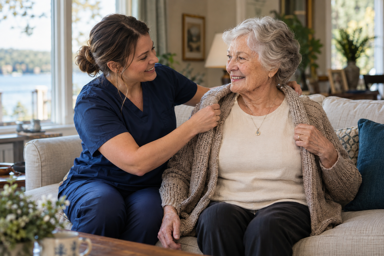 Illustrative caregiver helping an older woman with her cardigan at home