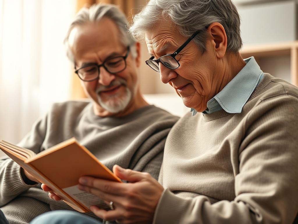 A close-up shot of a compassionate caregiver interacting with an elderly person, demonstrating warmth and empathy. The caregiver is helping the elderly person with a daily activity, such as reading a book or enjoying a cup of tea. The background is softly blurred to emphasize the connection between the two subjects, with warm, inviting lighting that creates a comforting atmosphere.