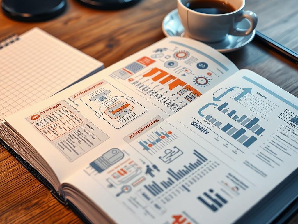 A close-up shot of an open guidebook on a wooden desk, showcasing detailed charts and diagrams about AI strategies. The background features a coffee cup and a notepad, creating a productive workspace ambiance.