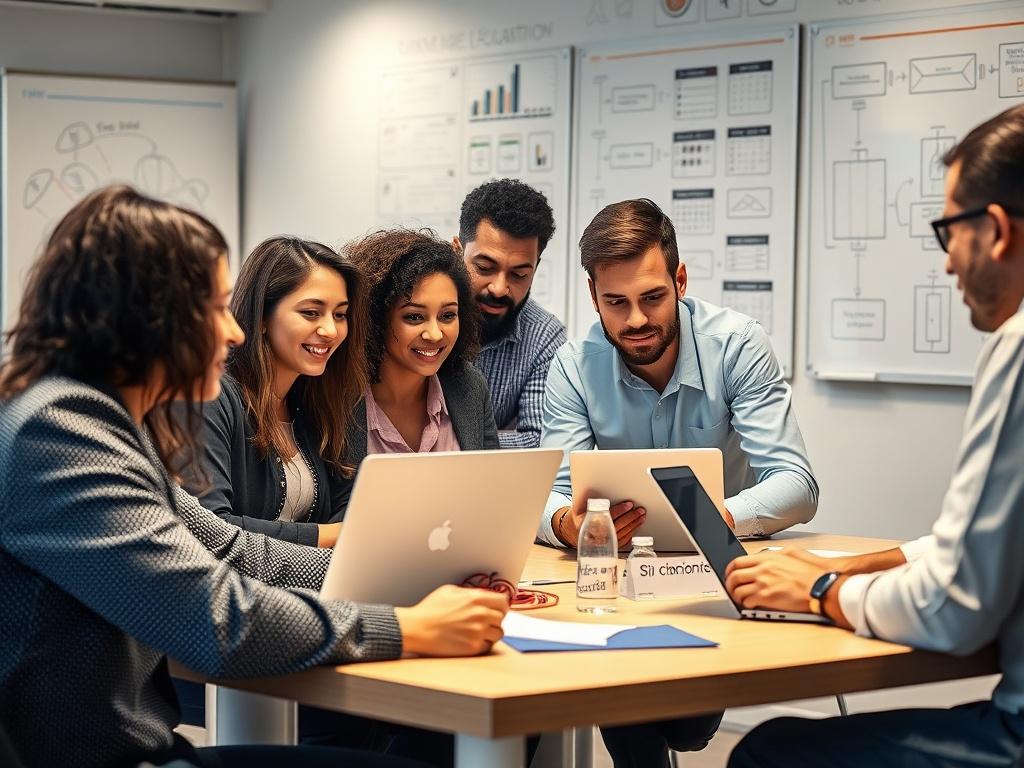 A close-up shot of a diverse group of professionals collaborating around a table with laptops, brainstorming ideas on AI development. The background shows a modern office space with whiteboards filled with diagrams and notes.