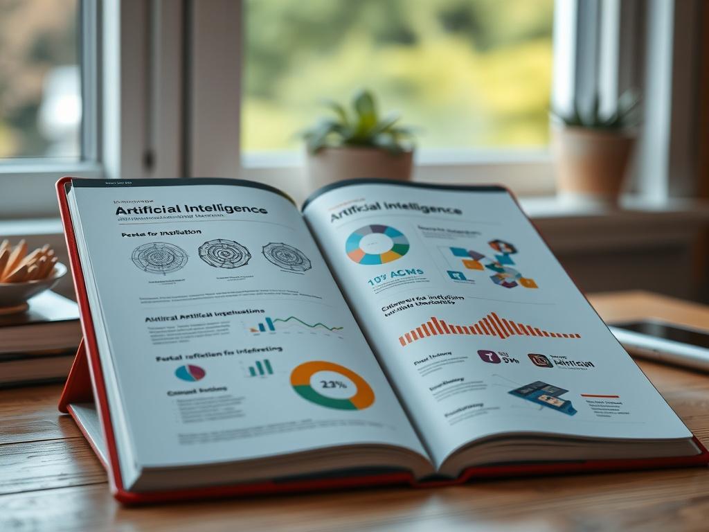 A close-up shot of an open e-book displaying a colorful infographic about artificial intelligence on a wooden desk. The background should be softly blurred to keep focus on the e-book, with natural light illuminating the pages, showcasing the vibrant colors and graphics.