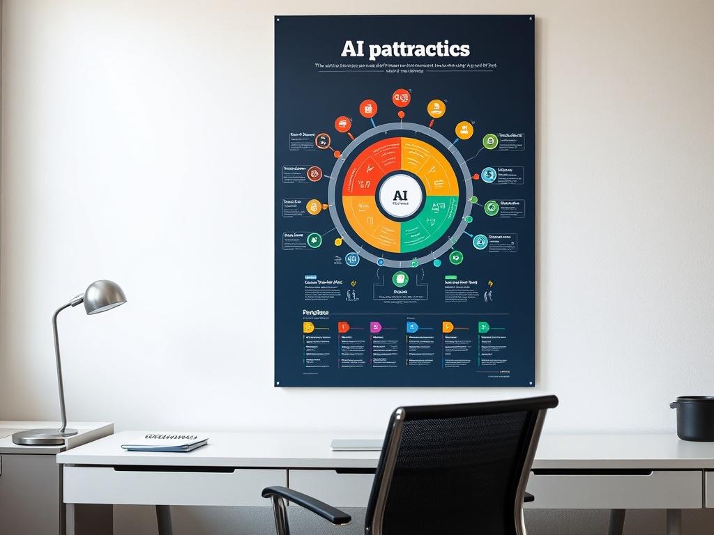 A high-resolution poster featuring a colorful infographic of AI career pathways, displayed on a wall in an office setting. The background should be neutral to emphasize the poster's vibrant graphics, with a desk and a chair in the foreground.