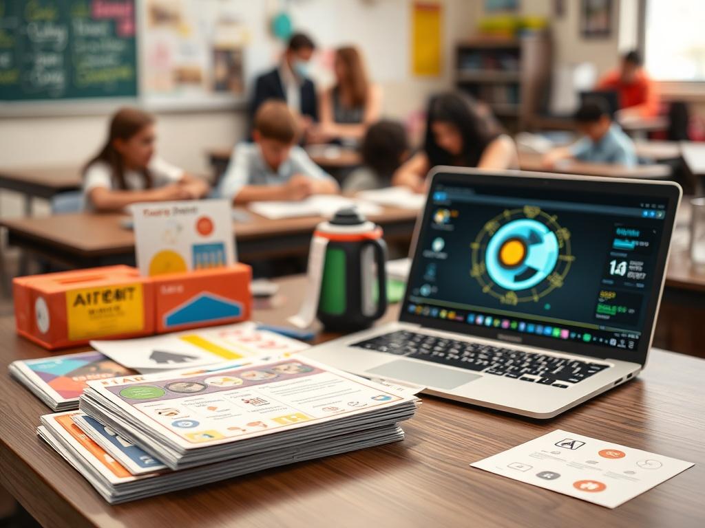 A vibrant workshop kit displayed on a table, featuring colorful educational materials, activity cards, and a laptop showing an AI simulation. The background should have a lively classroom atmosphere, with students engaged in activities, emphasizing the interactive learning experience.