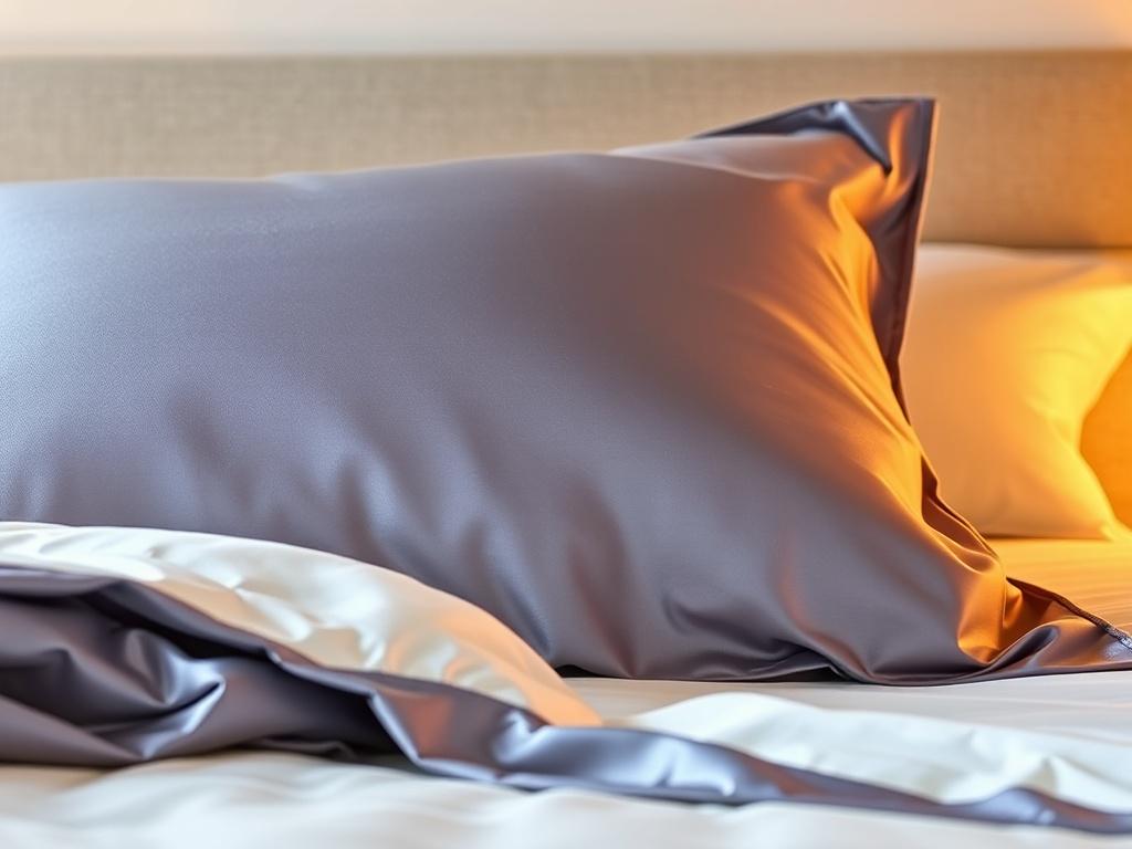 A hyper-realistic close-up shot of a Bedsure Satin Pillow Case Queen, showcasing its luxurious texture and silk-like smoothness. The pillowcase should be elegantly draped over a plush pillow on a neatly made bed, with soft, warm lighting to accentuate its sheen. The background should be softly blurred to keep the focus on the pillowcase, creating an inviting and cozy atmosphere.