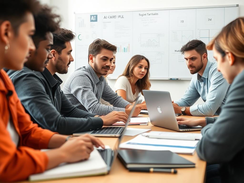A close-up shot of a diverse group of professionals participating in an AI workshop, gathered around a table with laptops and notebooks. The setting should be bright and collaborative, with a whiteboard displaying charts and diagrams in the background.