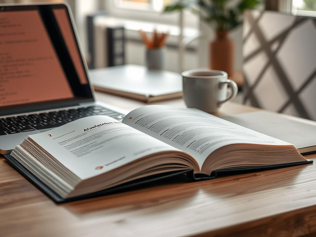 A close-up shot of an open AI Implementation Guide book placed on a desk alongside a laptop and a cup of coffee. The background should feature a well-organized workspace with natural light streaming in, creating an inviting atmosphere for learning.