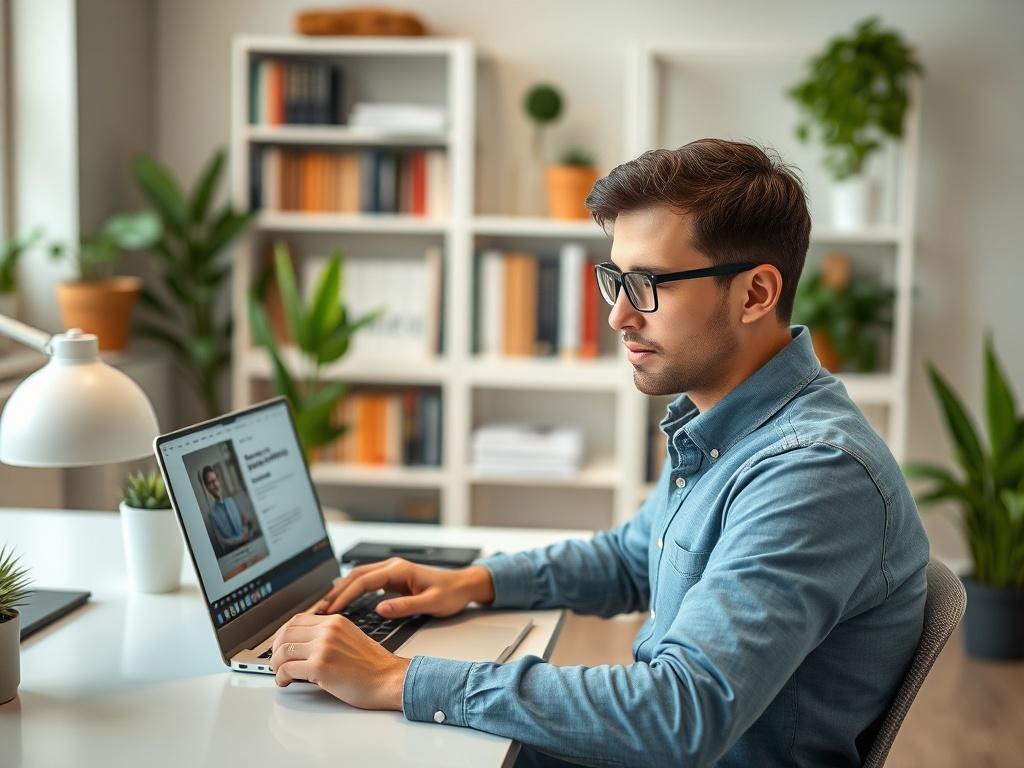 A close-up shot of a person engaged in an online course on artificial intelligence, sitting at a modern desk with a laptop open, displaying educational content. The background should be a softly lit room with bookshelves and a few plants, creating a cozy yet professional atmosphere.