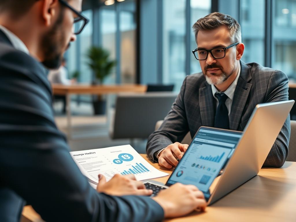 A close-up shot of a business consultant discussing AI strategies with a client in a modern office setting, with charts and AI models displayed on a laptop. The image conveys a sense of professionalism and collaboration, highlighting the importance of tailored AI solutions.