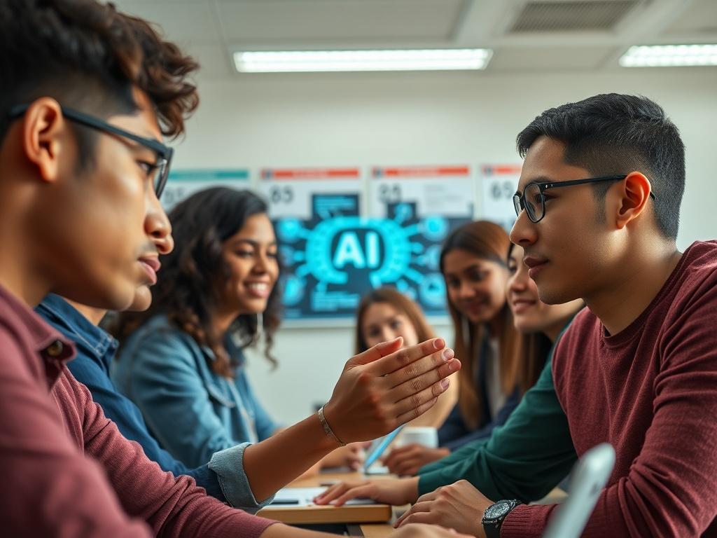 A close-up shot of a diverse group of students engaged in an AI fundamentals class, interacting with a digital interface displaying AI concepts. The background is a modern classroom setting, with bright lighting and educational posters related to artificial intelligence. The image focuses on the students' expressions of curiosity and engagement.