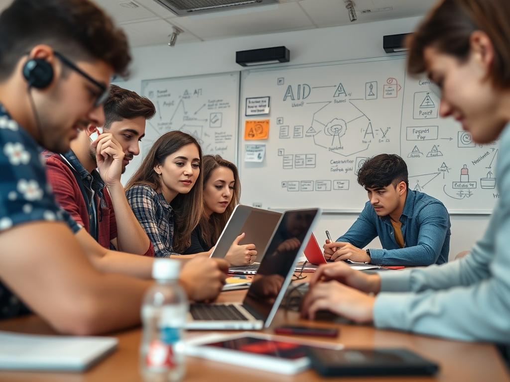 A close-up shot capturing a dynamic workshop environment where participants collaborate on AI projects, surrounded by laptops and digital tools. The background showcases a whiteboard with diagrams and AI-related concepts, emphasizing a creative and engaging learning atmosphere.