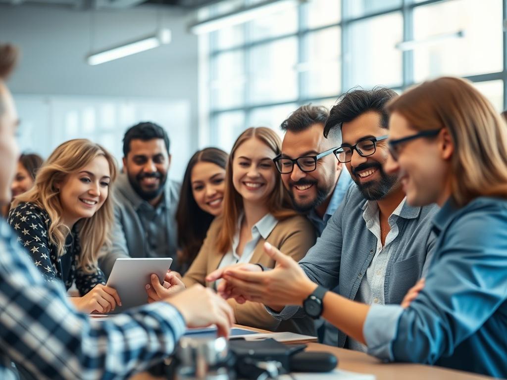 A hyper-realistic close-up shot of a diverse group of professionals engaged in a hands-on AI workshop, showcasing collaboration and learning. The background should be a modern, well-lit classroom environment, filled with AI-related materials and technology, emphasizing a dynamic and innovative atmosphere. The image should be vivid, highlighting the expressions of curiosity and engagement on the participants' faces, with a primary color scheme that includes rgb(29, 198, 181).