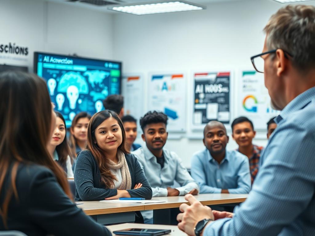 A high-resolution close-up shot of an instructor engaging with students in a modern classroom setting, explaining AI concepts on a digital screen. The background features a well-lit room with AI-related posters and a diverse group of attentive students of various ethnicities, showcasing engagement and interaction.