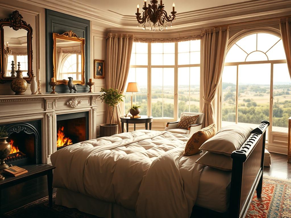 A luxurious bedroom with classic decor, featuring a comfortable bed with elegant linens, warm lighting from a fireplace, and tasteful furnishings. The room should include a window with a view of a serene landscape outside, showcasing a connection to nature. The composition should focus on the bed and the cozy ambiance, captured in a hyper-realistic style with a close-up shot.