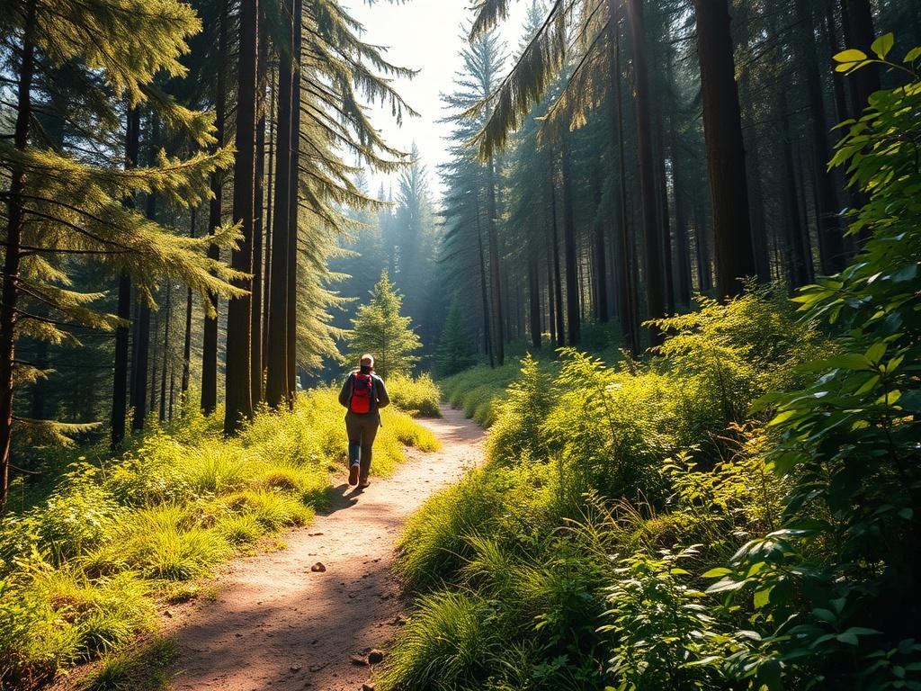 A scenic hiking trail in a lush green forest, with sunlight filtering through the trees, creating a warm and inviting atmosphere. A person is seen walking along the trail, immersed in the beauty of nature. The composition should focus on the natural landscape, emphasizing tranquility and exploration, captured in a hyper-realistic style.
