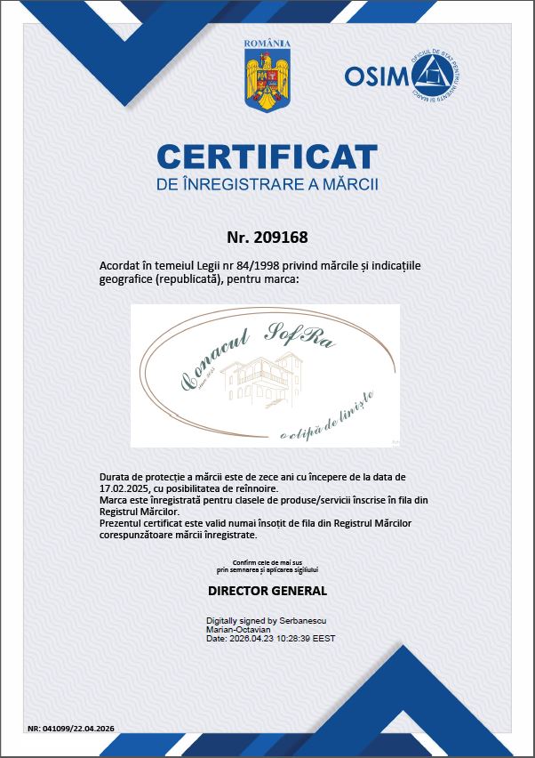 Certificat OSIM de înregistrare a mărcii Conacul SofRa