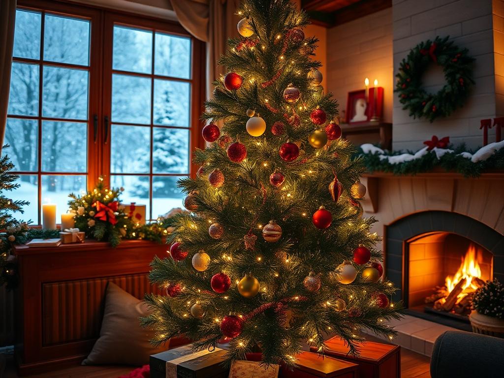 A beautifully decorated Christmas tree in a cozy room at Conacul SofRa, with warm lights and colorful ornaments. The background shows a large window with snow gently falling outside, creating a winter wonderland. There are traditional Romanian Christmas decorations around the room, and a warm fireplace with a gentle glow. The focus is on the tree, capturing the joy and warmth of the holiday season.
