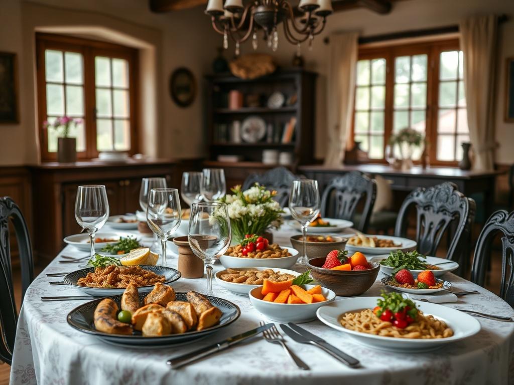 A beautifully arranged table set in a rustic Romanian mansion's dining area, showcasing traditional dishes reinterpreted with a modern twist. Emphasize the vibrant colors of the food, elegant tableware, and a warm, inviting atmosphere, with natural light enhancing the scene.