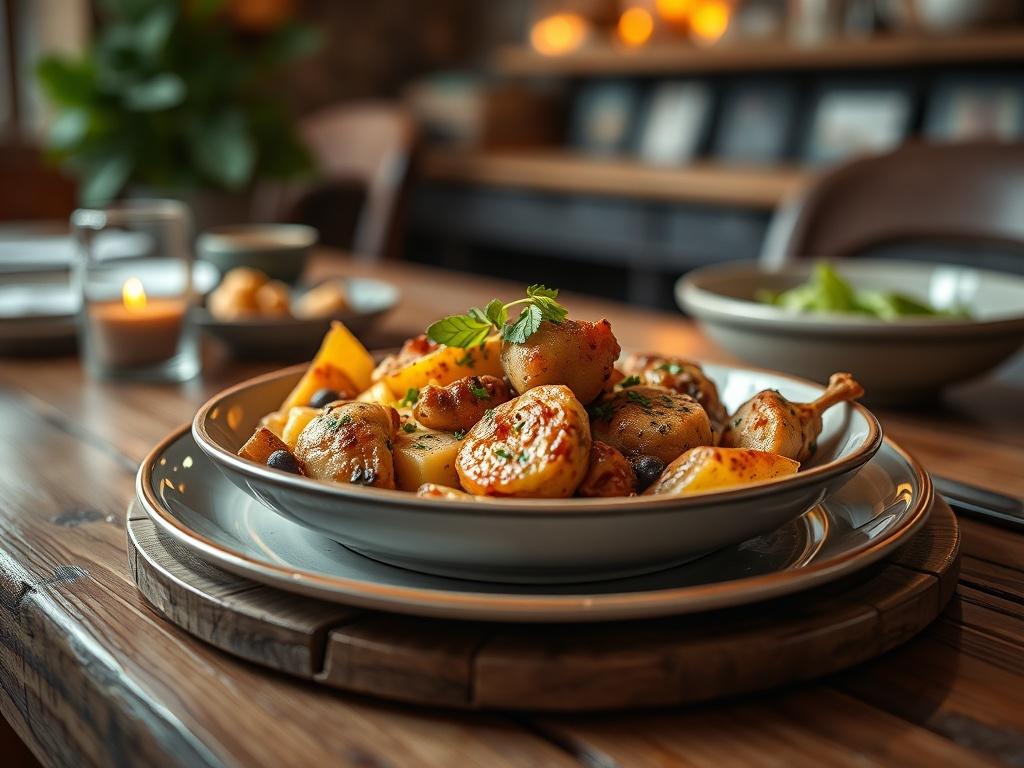 A beautifully plated dish featuring traditional Romanian cuisine with a modern twist, elegantly arranged on a rustic wooden table. The setting should include a cozy ambiance with warm lighting, showcasing the dish and creating a welcoming atmosphere. The focus should be on the food, highlighting the vibrant colors and textures, captured in a hyper-realistic style.