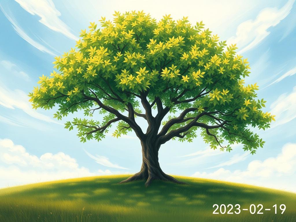 Create a captivating high-quality illustration for a blog titled "Organizational Evolution: Growth, Mission, and Capacity," featuring a single subject that embodies the theme of organizational development. The focal point should be a vibrant tree with lush green leaves representing growth and vitality. The tree should have a sturdy trunk and sprawling branches, symbolizing a strong foundation and the ability to adapt.

Position the tree in the center of the image against a serene backdrop of a soft, blue sk