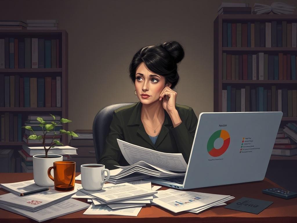 **AI Image Generation Prompt:**

Create a high-quality illustration that embodies the theme of "The Capacity Building Problem: Why Nonprofits Chronically Underinvest in Themselves," with a focus on conveying the struggles faced by nonprofit organizations. 

**Composition:** Design a simple and clear composition featuring a solitary figure sitting at a cluttered desk within a dimly lit office space. The subject should be a middle-aged woman of diverse background, engaged in deep thought as she scans through 