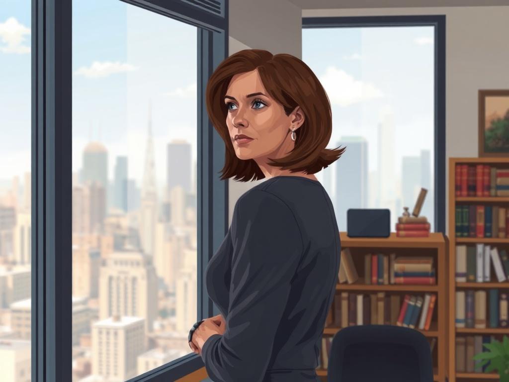 **AI Image Generation Prompt:**

Create a high-quality illustration titled "The Quiet Cost of Funder Dependency: When Relationships Create Conflicts of Interest." The composition should be simple and clear, featuring a single subject in the foreground. 

Subject Matter: Depict a contemplative nonprofit director standing by a large window, gazing out thoughtfully. The director is a middle-aged woman with shoulder-length brown hair, wearing professional attire. Her expression should convey a sense of concern 