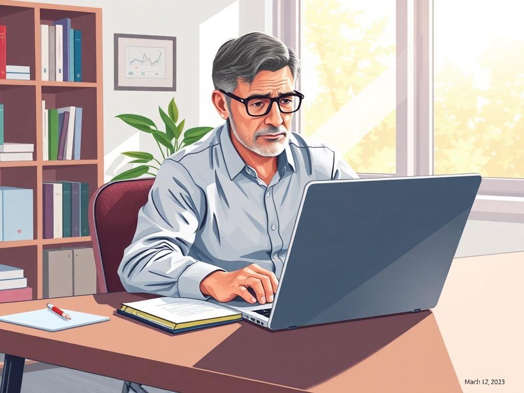 **AI Image Generation Prompt:**

Create a high-quality, lifelike illustration that reflects the theme of donor retention in nonprofits, specifically for a blog titled "Donor retention: the metric most nonprofits track too late," dated March 12, 2023. 

**Composition & Subject Matter:**
Focus on a single, central subject: a thoughtful nonprofit director sitting at a modern desk, reviewing a donor retention report on their laptop. The director should be portrayed as a middle-aged individual with a concerned e