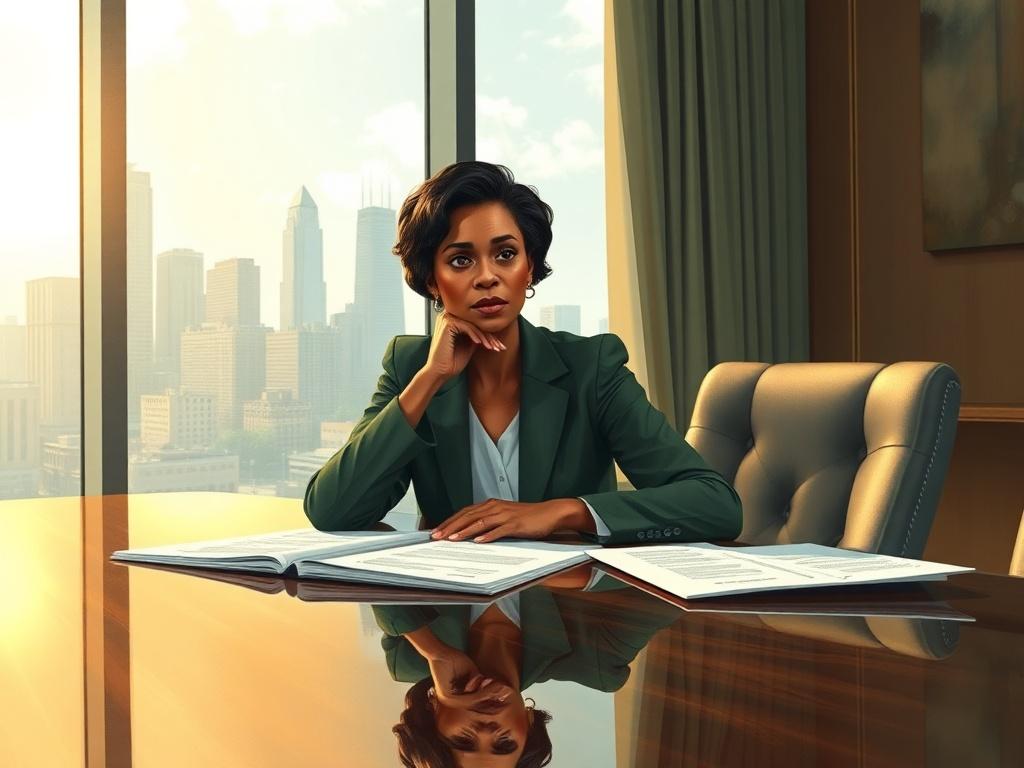 **AI Image Generation Prompt:**

Create a high-quality illustration reflecting the theme of "The funder-grantee power dynamic: who is really setting the agenda?" The image should feature a single, powerful subject: a confident, middle-aged woman of mixed race (Caucasian and African descent) sitting at a beautifully polished conference table. She is reviewing documents that represent grant proposals and funding requests, with one hand resting thoughtfully on her chin. Her expression is contemplative and asse