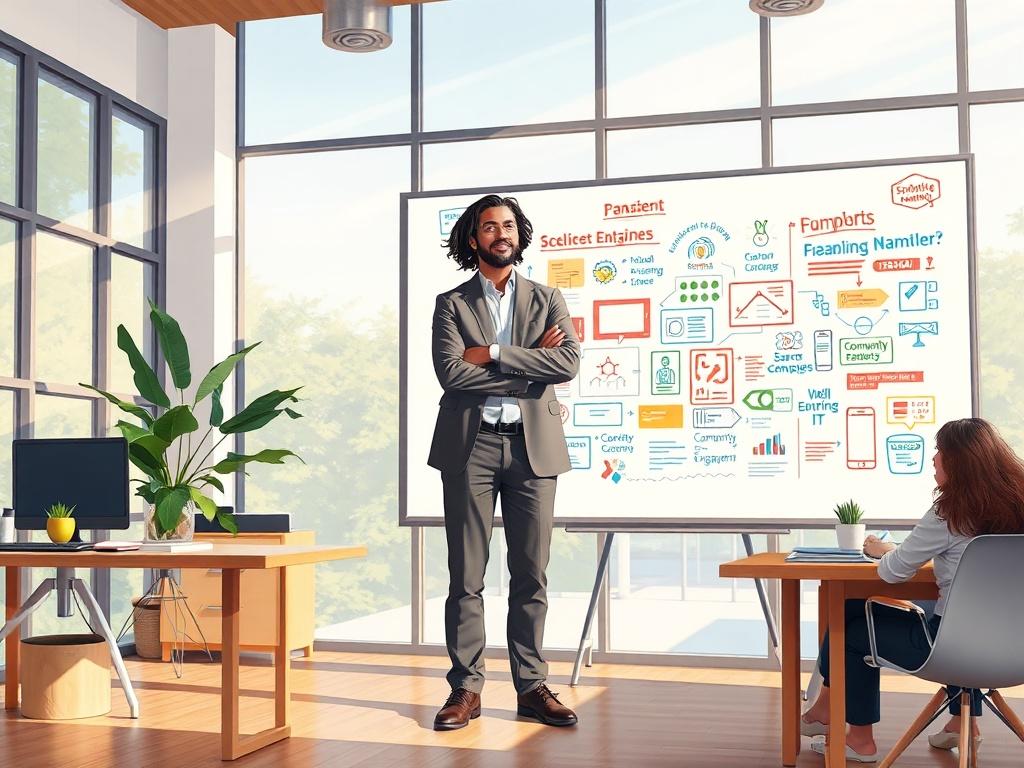 Create a high-quality illustration that embodies the theme of "Innovative Fundraising Strategies for Nonprofits." The composition should feature a single subject: a nonprofit leader standing confidently in a modern, well-lit office space, engaging in a creative brainstorming session. This leader should be depicted as a diverse individual, showcasing inclusivity and representation in the nonprofit sector. 

In the background, there should be a large whiteboard filled with colorful diagrams and notes reflecti