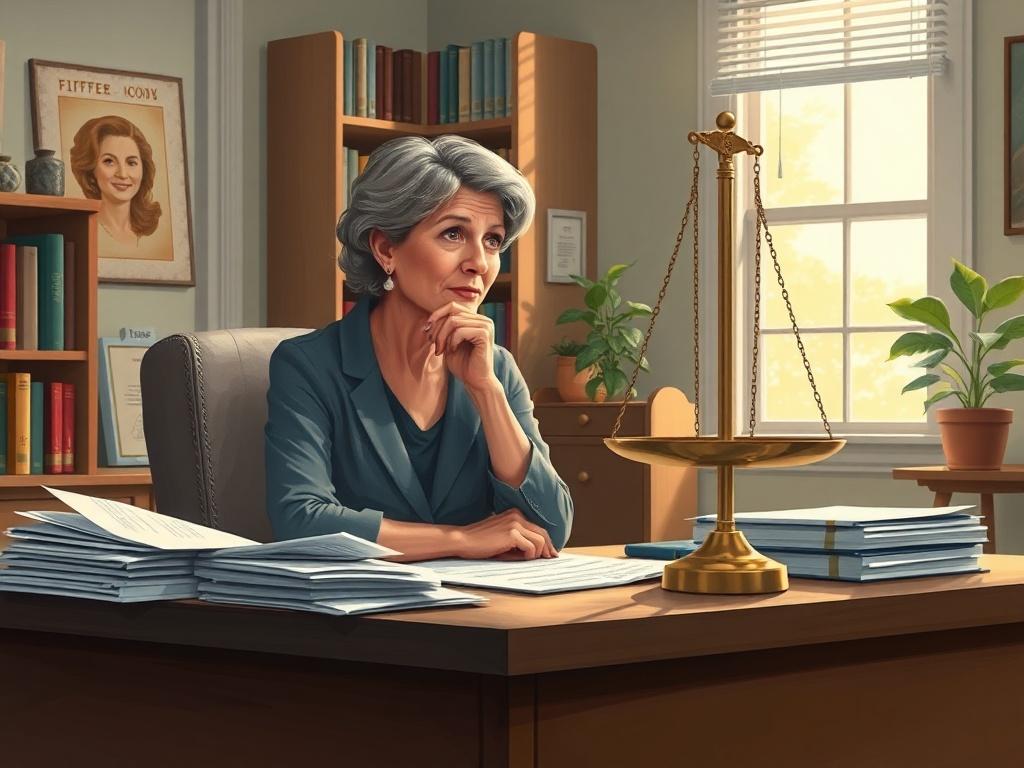Create a high-quality illustration for a blog titled "Unrestricted vs. Restricted Funding: The Ratio That Can Quietly Kill a Nonprofit." The image should feature a solitary, thoughtfully positioned nonprofit leader, depicted as a middle-aged woman with a contemplative expression, sitting at a desk scattered with financial documents and reports. She should be looking thoughtfully at a scale that symbolizes the balance between unrestricted and restricted funding, with one side weighed down significantly more 