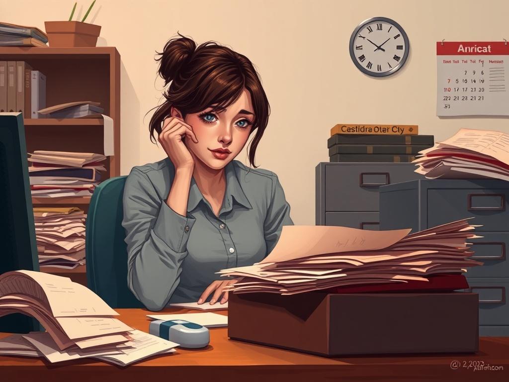 **AI Image Generation Prompt:**

Create a high-quality illustration that visually represents the theme of "Nonprofit burnout: A structural outcome, not a personal failure," dated April 2, 2023. The composition should center around a single subject: a weary nonprofit worker, a woman in her late 30s, sitting at a cluttered desk in an office environment. She should exhibit an expression of exhaustion and contemplation, with hand resting on her cheek and a stack of unaddressed paperwork beside her. 

The backgr