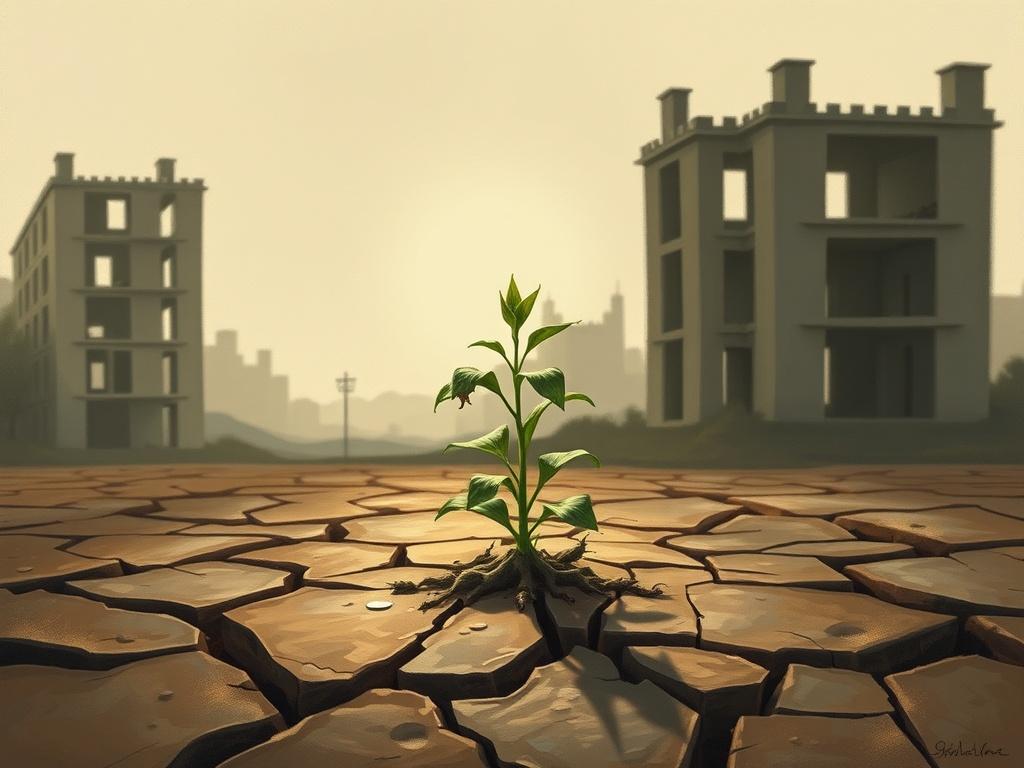 Generate a high-quality illustration that visually represents the theme of "The Starvation Cycle: How Underfunding Overhead Slowly Destroys Organizations." Center the composition around a solitary, weary plant struggling to grow in cracked and barren soil, symbolizing a nonprofit organization suffering from underfunding. The plant should appear fragile, with wilted leaves and sparse growth, clearly conveying a sense of struggle and neglect.

In the background, create a subtle contrast with a faded and desol