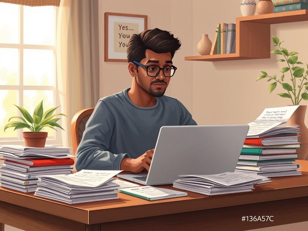 **AI Image Generation Prompt:**

Create a high-quality illustration depicting a thoughtful individual sitting at a wooden desk, surrounded by stacks of paperwork and a laptop, who is researching fiscal sponsorship as an alternative to starting a nonprofit. The subject should be a middle-aged person of diverse descent, wearing glasses, with a focused expression as they evaluate different models and exit strategies displayed on the screen. 

The composition should be simple and clear, featuring only this one 