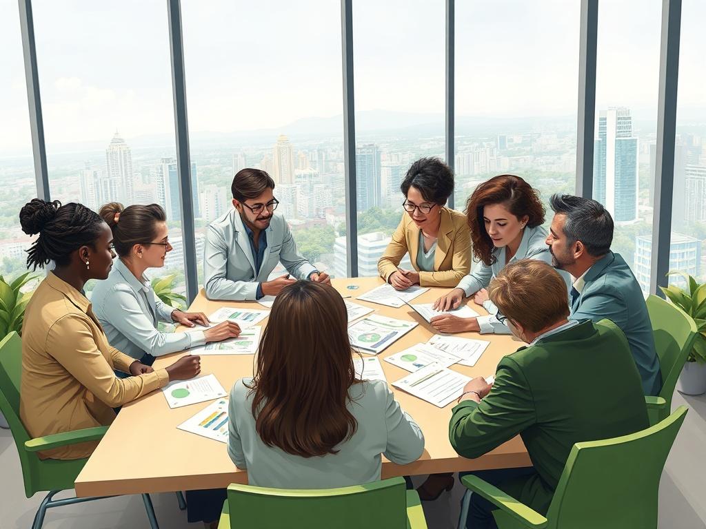 A highly detailed and realistic illustration of a diverse group of professionals gathered around a large table, collaborating on a strategic plan for a nonprofit organization. They are engaged in discussion, with documents and charts spread out in front of them. The background features a bright, modern office environment with large windows, showcasing a view of a vibrant cityscape. The color palette includes shades of green and earth tones that evoke a sense of growth and harmony.