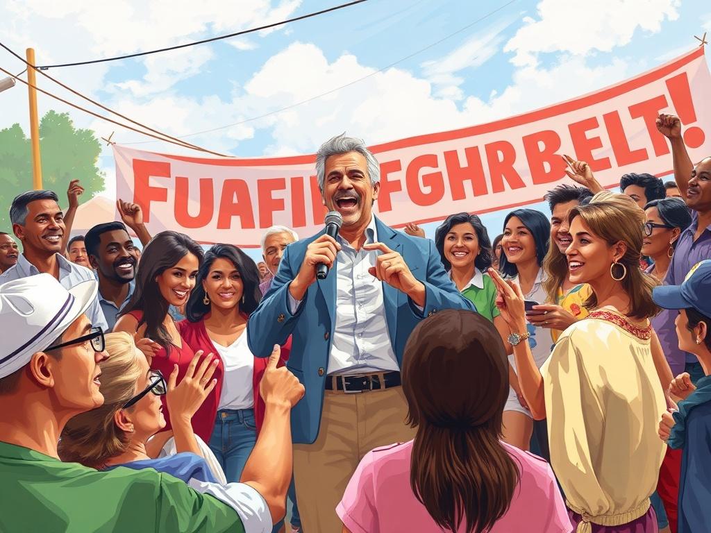 A high-quality illustration of a fundraising event in action, featuring a diverse group of people engaged in a lively fundraising activity. The background should depict a vibrant outdoor setting, possibly with a banner showcasing the event. The focus should be on a central figure, a charismatic fundraiser making a passionate speech, while attendees show enthusiasm and support. The overall composition should convey a sense of community, excitement, and purpose, with a color palette that harmonizes with the p