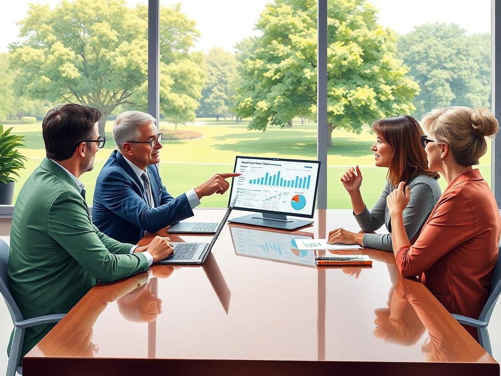 A professional advisor sitting at a polished wooden desk, engaged in a discussion with a diverse group of clients around a table. The setting is bright and inviting, featuring large windows with a view of a serene green park outside. The advisor is pointing at a laptop screen displaying charts and graphs related to philanthropy. The clients are actively taking notes and nodding, showing engagement and interest. The scene conveys collaboration and enthusiasm for impactful giving.