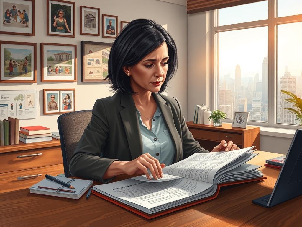 **AI Image Generation Prompt:**

Create a highly detailed and realistic illustration depicting a thoughtful, contemplative nonprofit leader sitting at a wooden desk, deep in thought about endowment strategies. The leader, a middle-aged woman with medium-length, dark hair, is wearing a professional attire, looking at an open planner filled with notes and a few financial documents scattered around. 

In the background, depict a softly lit office with walls adorned with framed pictures of community events and 