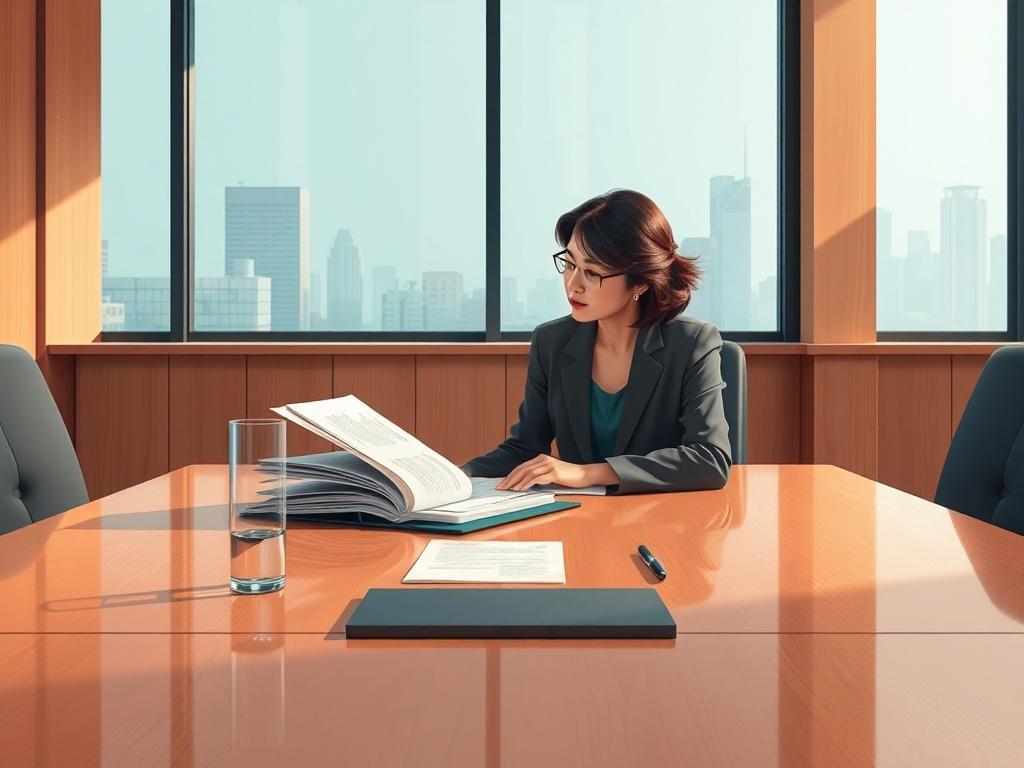 Create a high-quality illustration depicting a solitary figure sitting at a large, wooden table in a well-lit boardroom. The subject should be a contemplative nonprofit board member, a middle-aged woman of Asian descent, dressed in professional attire. She is looking thoughtfully at an open binder filled with documents and notes, symbolizing the responsibilities and complexities of her role. 

The table should be polished and modern, reflecting a professional environment, with a tall glass of water and a pe