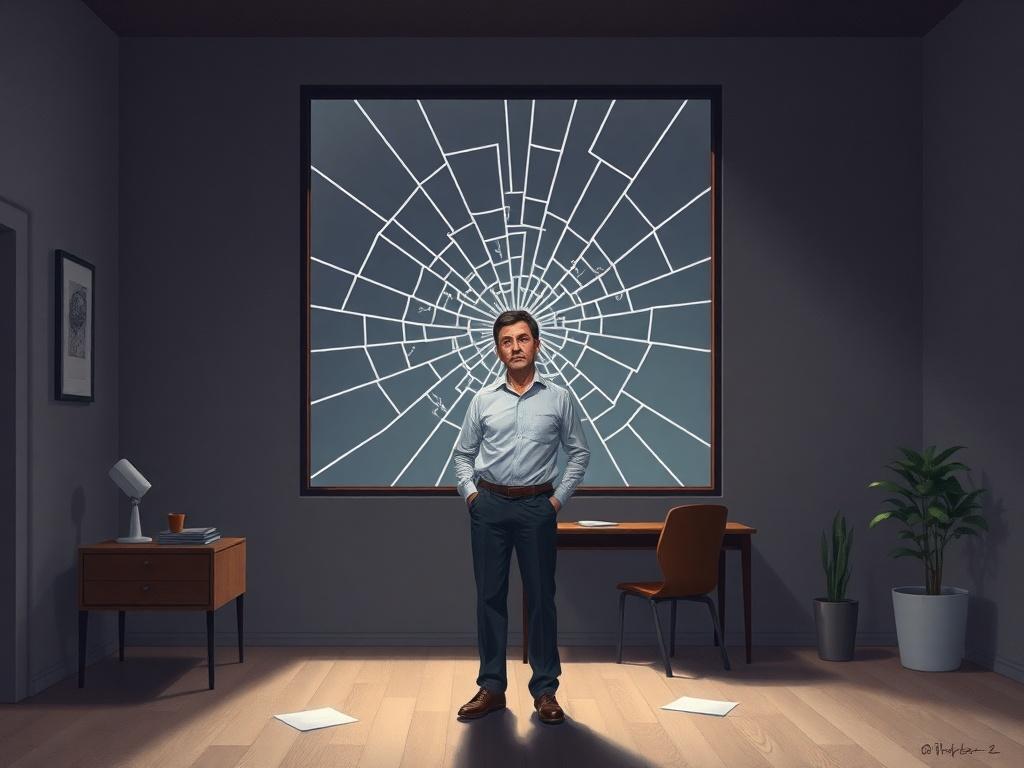 **AI Image Generation Prompt:**

Create a high-quality illustration that reflects the theme of "Founder syndrome: when the person who built the organization becomes its biggest risk." The composition should be simple and clear, featuring a single subject centered in the image. 

**Subject Matter:** Depict a thoughtful founder standing in a dimly lit room, gazing introspectively at a large, cracked glass window symbolizing the fragility and tension within their organization. The founder should be portrayed a