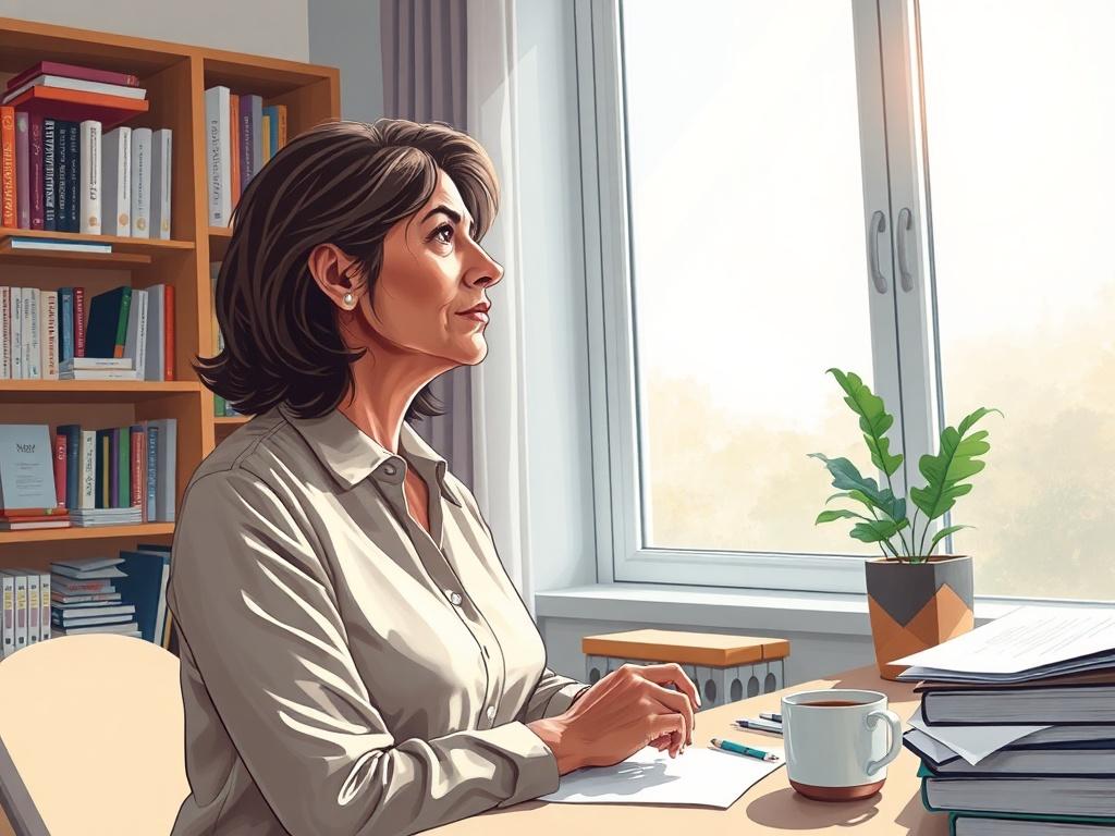 **AI Image Generation Prompt:**

Create a high-quality illustration that encapsulates the theme of succession planning in nonprofits, focusing on the urgency of addressing this strategy before a crisis occurs. The composition should feature a single, thoughtful figure — a nonprofit leader, looking out of a window with a concerned expression. This subject should be a middle-aged woman of diverse descent, representing the modern nonprofit leadership landscape.

The background should depict an airy office envi