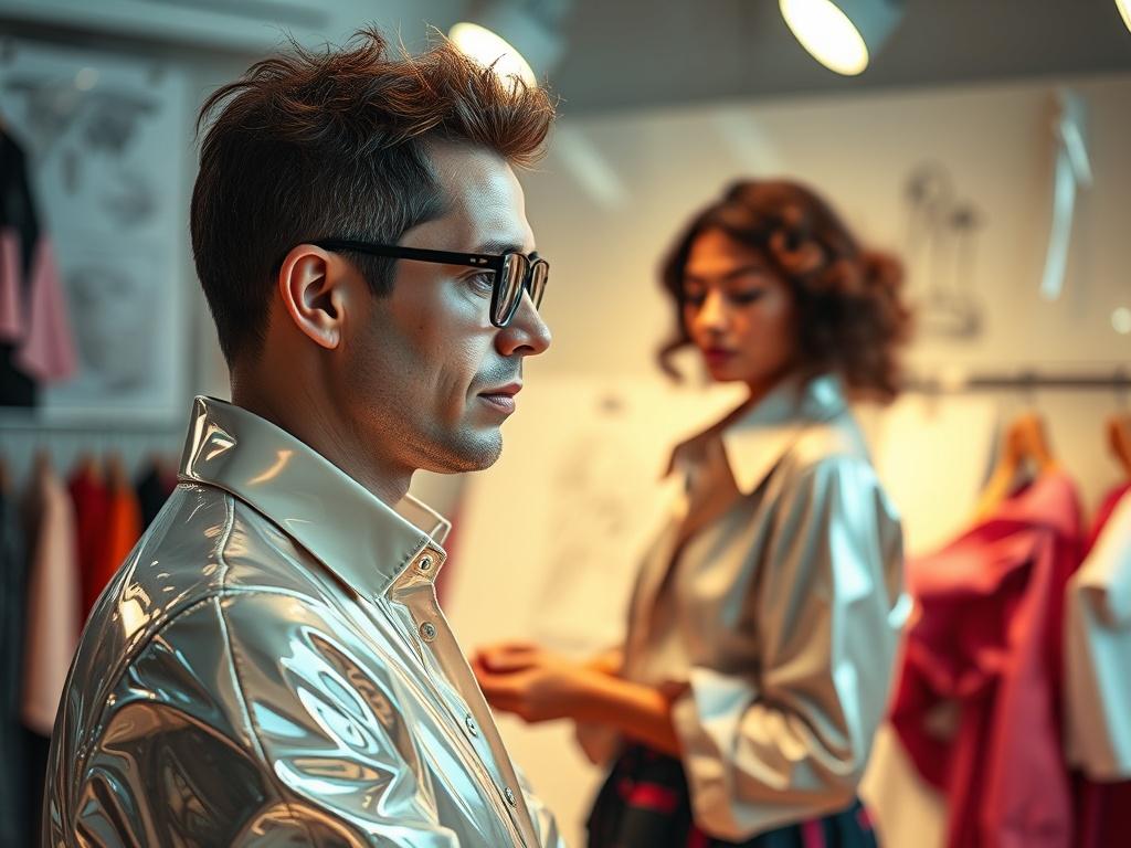 A hyper glossy, mirror like image of a fashion designer