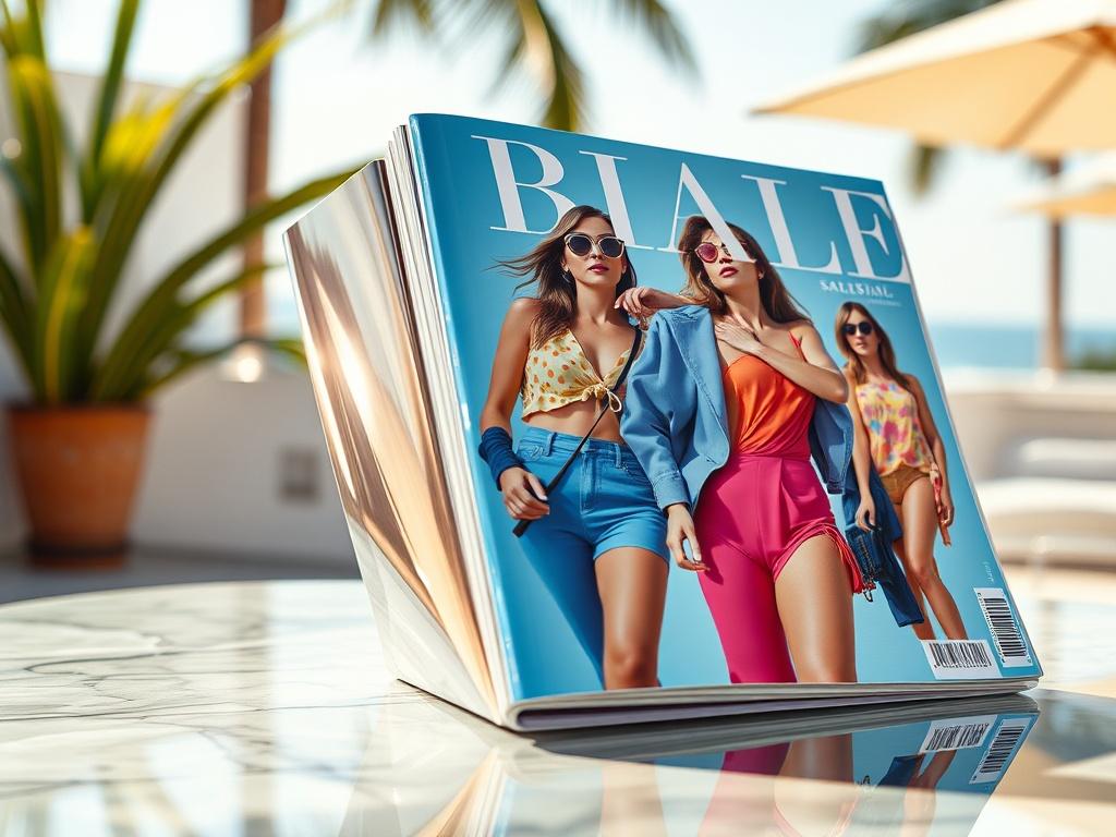 A realistic high-resolution photo of the BIALE magazine Summer Edition, featuring a vibrant cover that embodies summer fashion. The background should be a sunny outdoor setting to evoke a sense of warmth and brightness. The magazine should be presented with glossy pages, showcasing colorful summer styles, and reflecting hyper-glossy surfaces and luminous highlights.