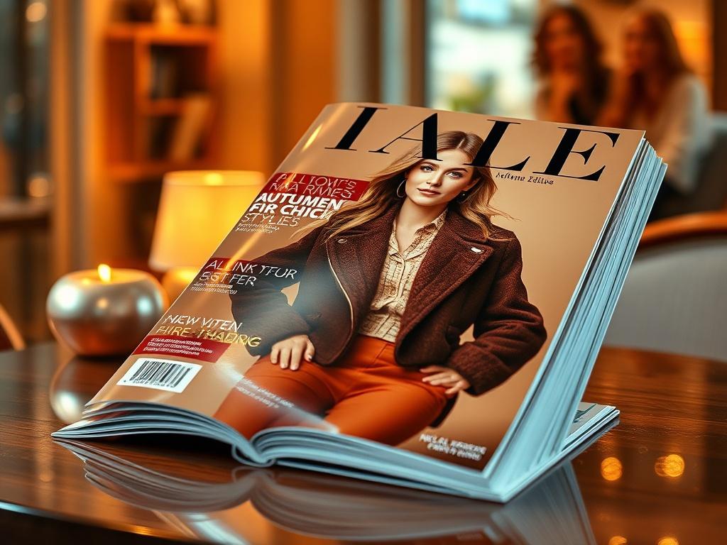 A realistic high-resolution photo of the BIALE magazine Autumn Edition, showcasing a stylish cover that reflects autumn fashion trends. The background should be a cozy indoor setting with warm colors, creating a welcoming atmosphere. The magazine should feature glossy pages, emphasizing chic autumn styles, with hyper-glossy surfaces and luminous highlights.