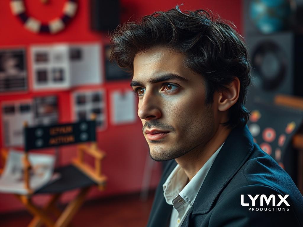 A close-up shot of an actor preparing for an audition, looking focused and determined. The background features film scripts and a director's chair, creating an inspiring atmosphere. The colors are vibrant with red and blue tones reflecting Lymx Productions' branding.