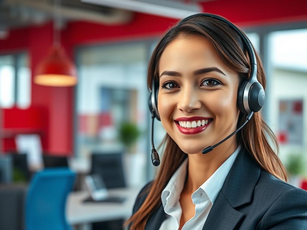 A close-up shot of a friendly customer service representative answering a call in a modern office setting. The background features a professional environment with red and blue decor, emphasizing the branding of Lymx Productions.