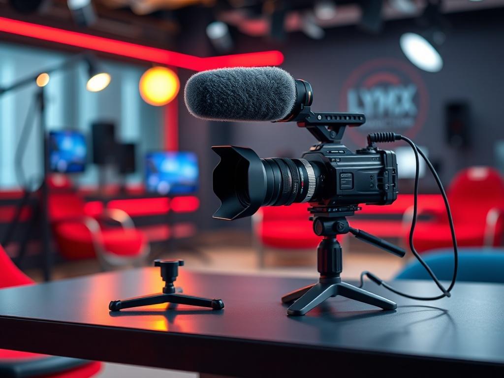A close-up shot of a professional film audition setup, featuring a camera and microphone on a sleek table. The background is softly blurred, showcasing a modern film studio environment with red and blue accents to reflect the brand colors of Lymx Productions.