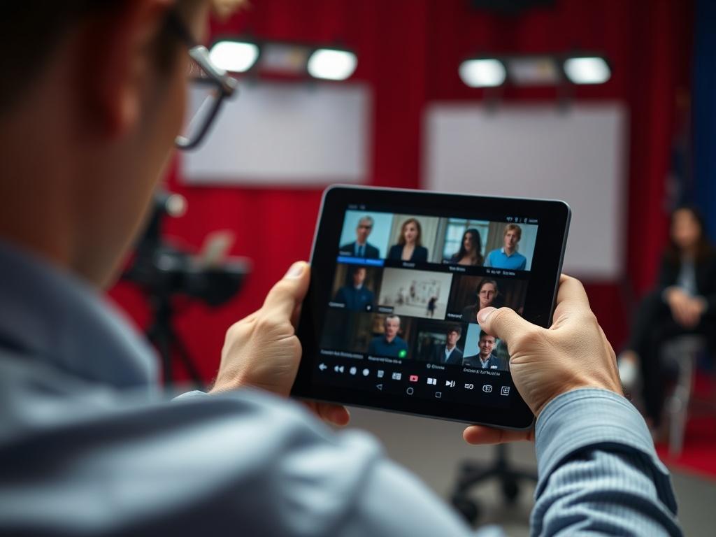 A close up shot of a director reviewing audition tapes